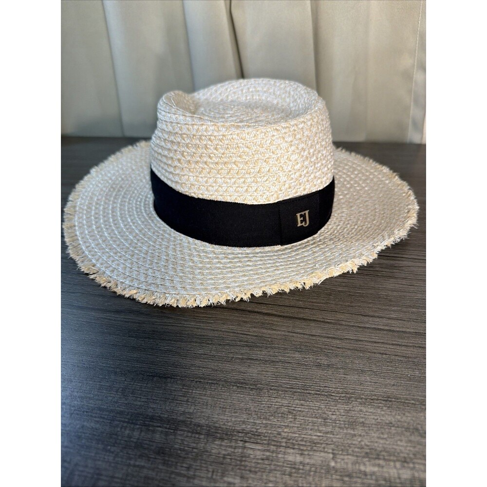 Eric Javits NY Fray Brim Straw Fedora Sun Hat UPF 50+ Black Band Logo Natural